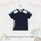 Boss Blue Stripe Logo-Print T-Shirt in Cotton Navy | 12M