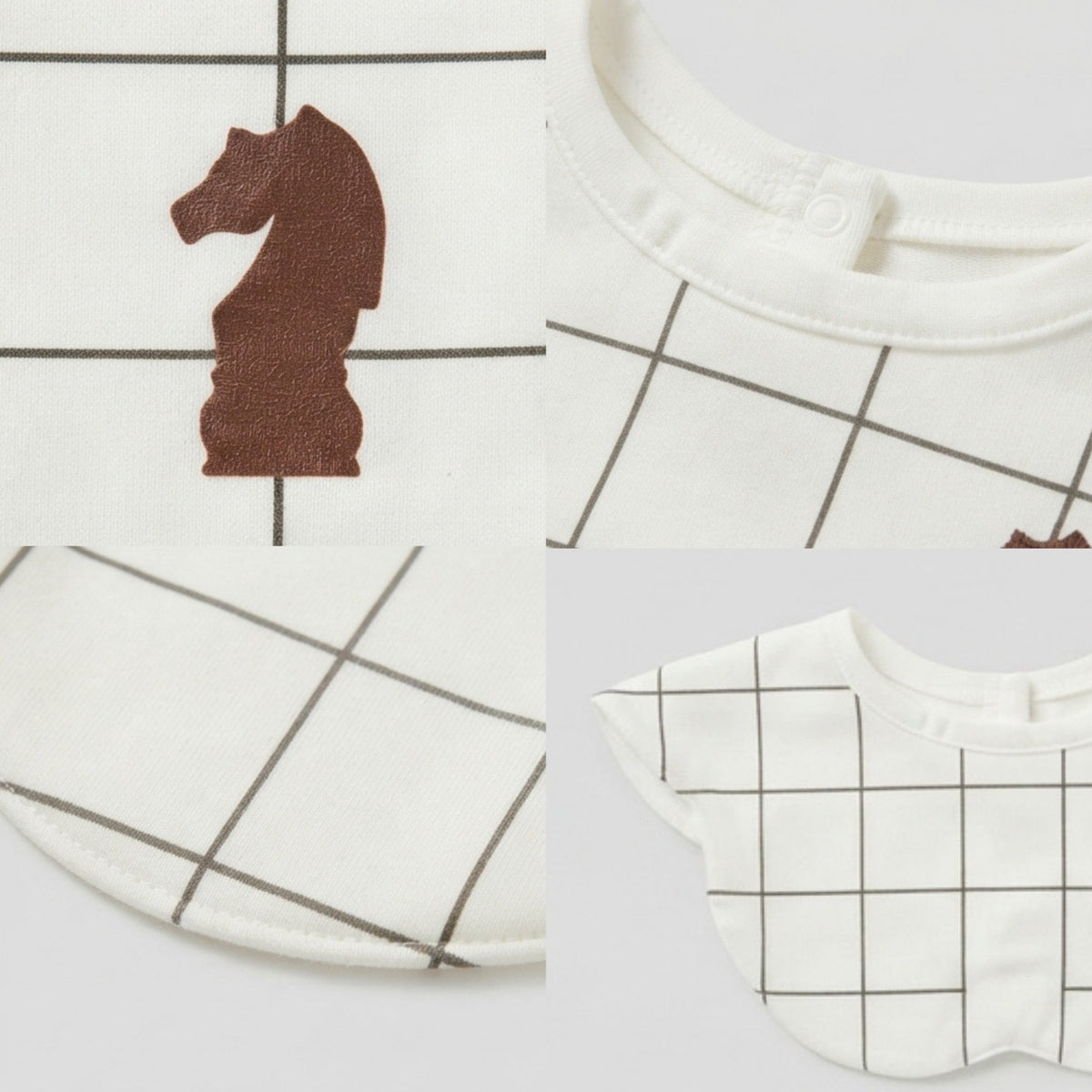 Kekeyo Baby Bibs - Black Grid Brown Chess Knight Motif