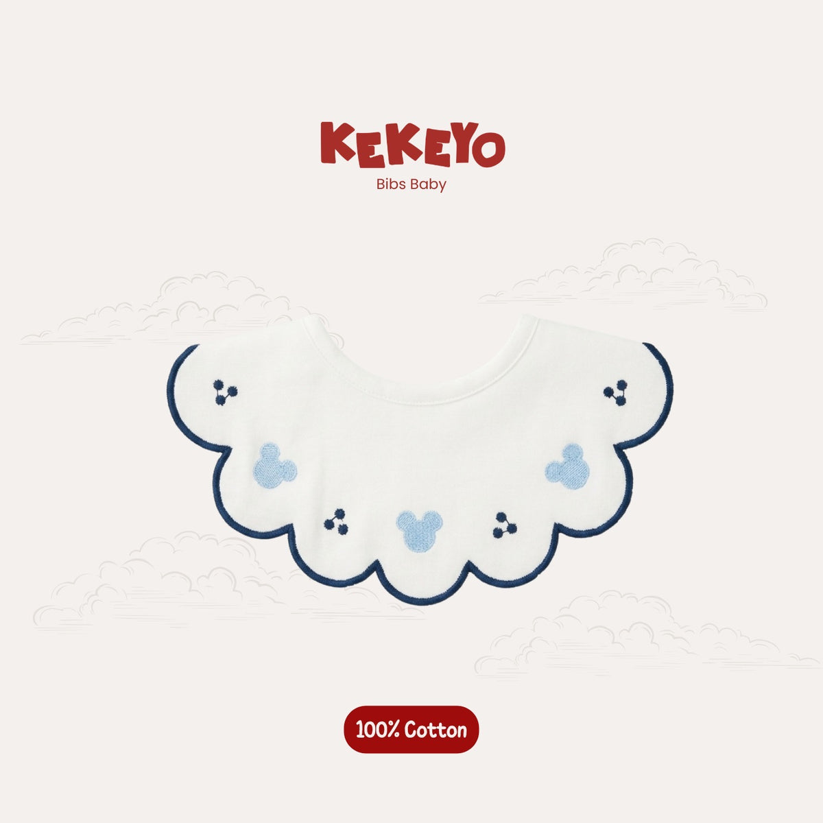 Kekeyo Baby Bibs - Scalloped Navy Trim with Blue Mouse Motif