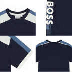 Boss Blue Stripe Logo-Print T-Shirt in Cotton Navy | 12M