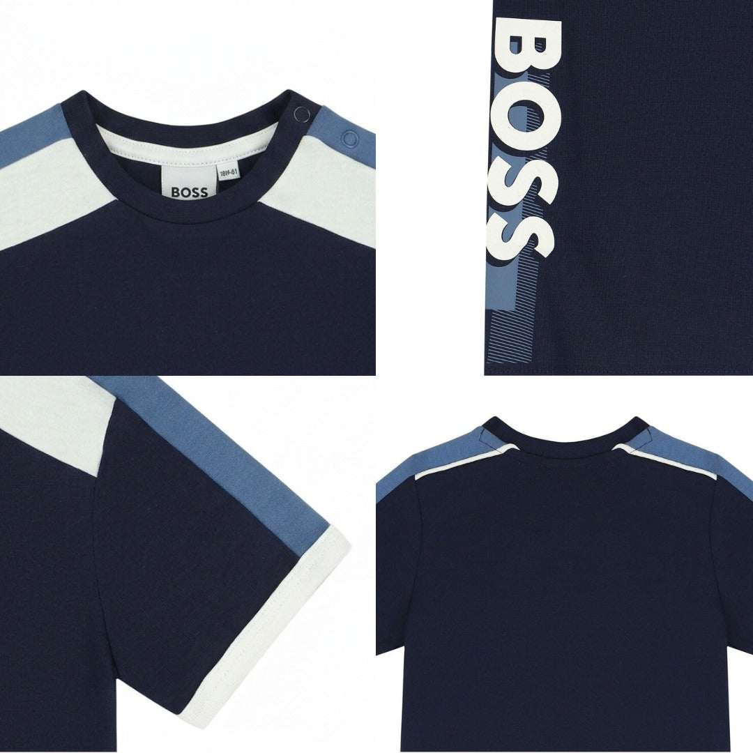 Boss Blue Stripe Logo-Print T-Shirt in Cotton Navy | 12M