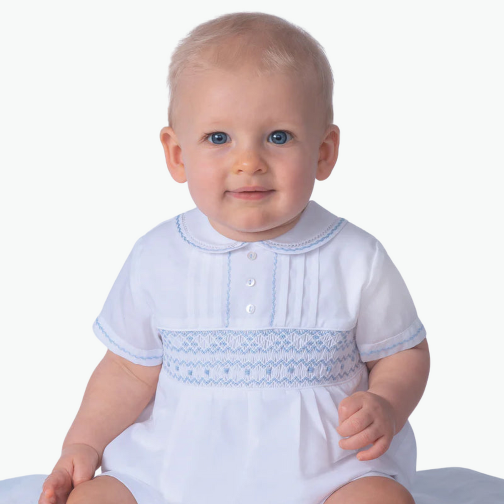 Sarah Louise White Blue Smocked Shortie Romper