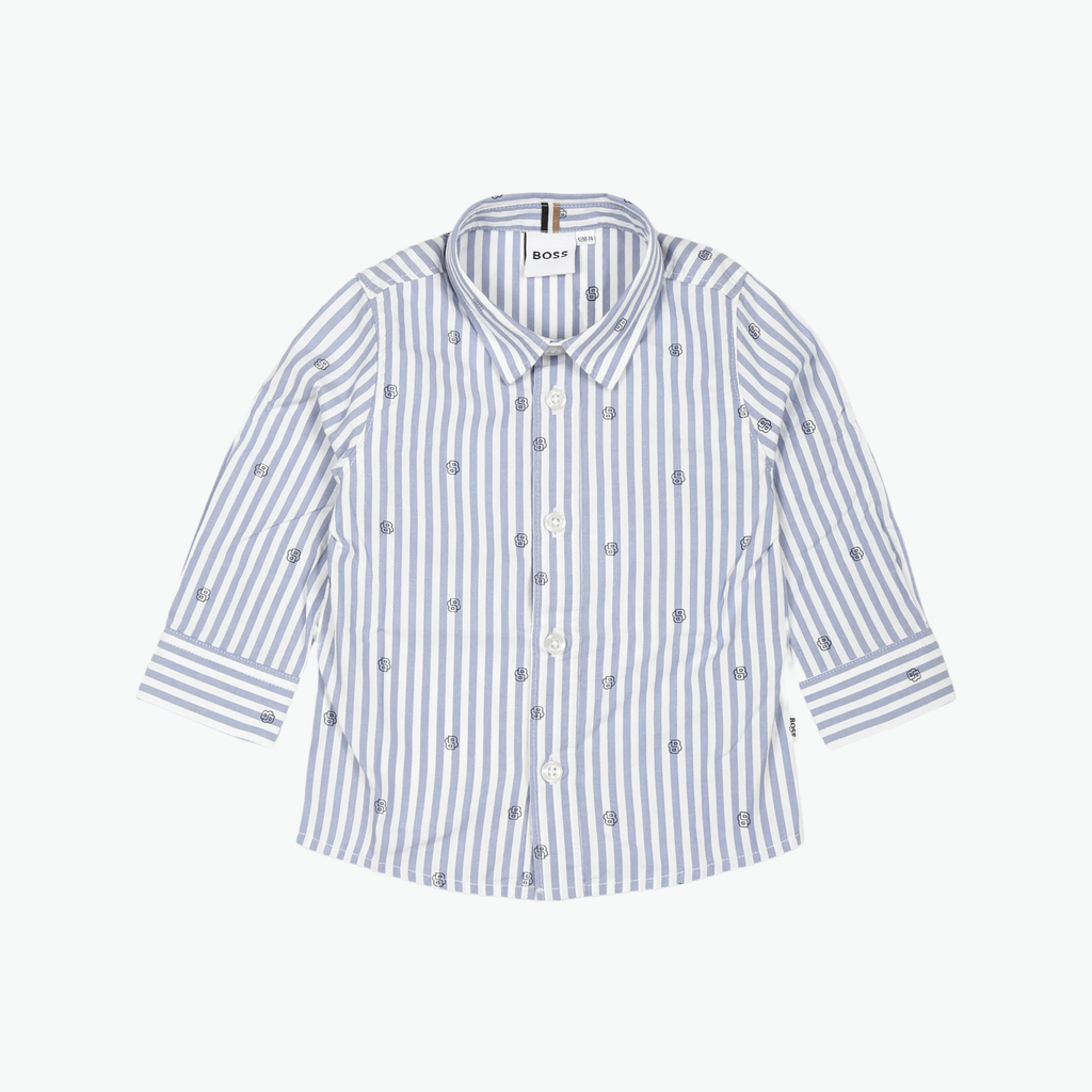 Boss Kids Logo Print Striped Cotton Shirt