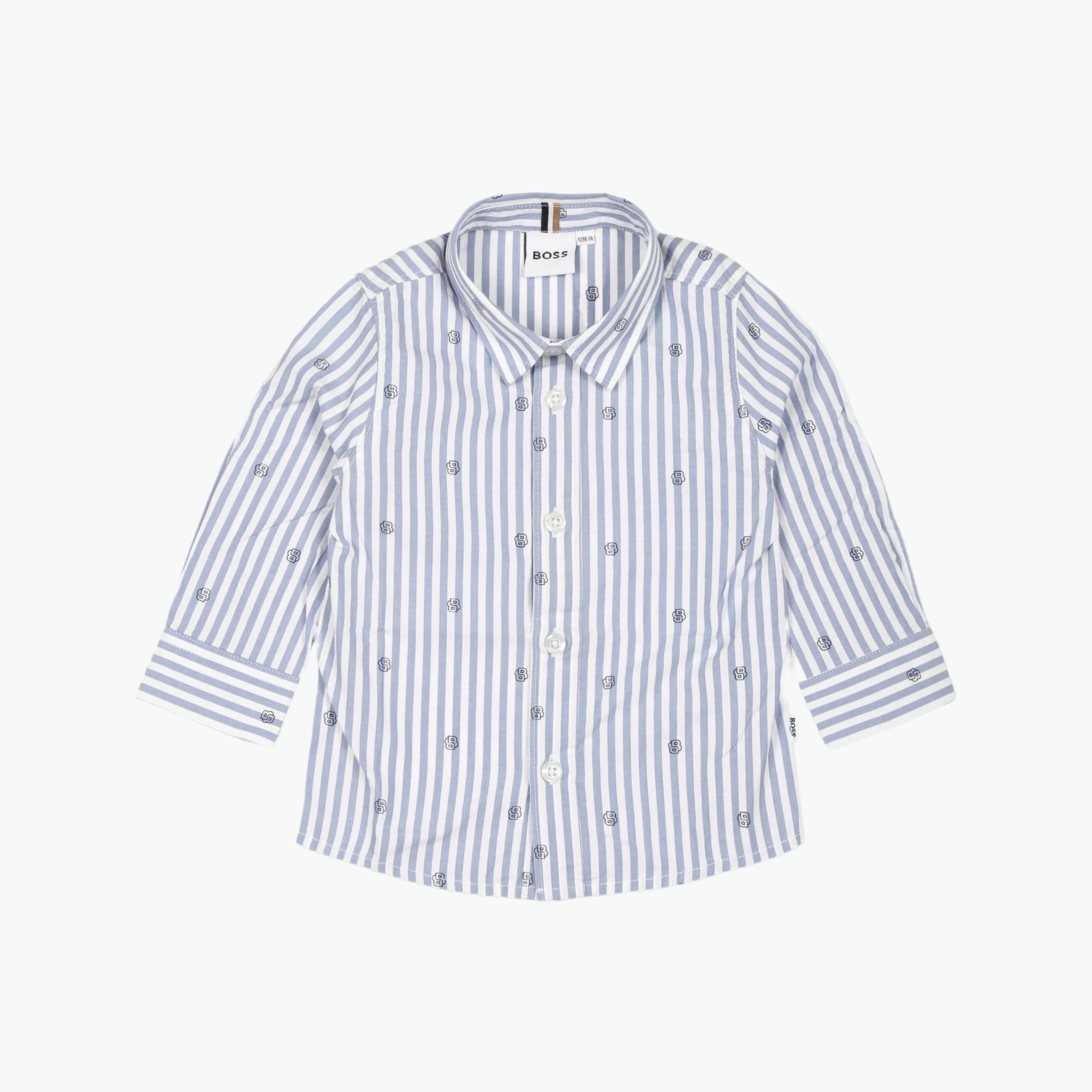 Boss Kids Logo Print Striped Cotton Shirt