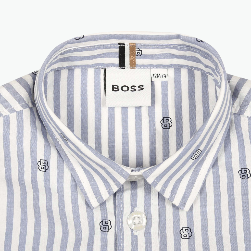 Boss Kids Logo Print Striped Cotton Shirt