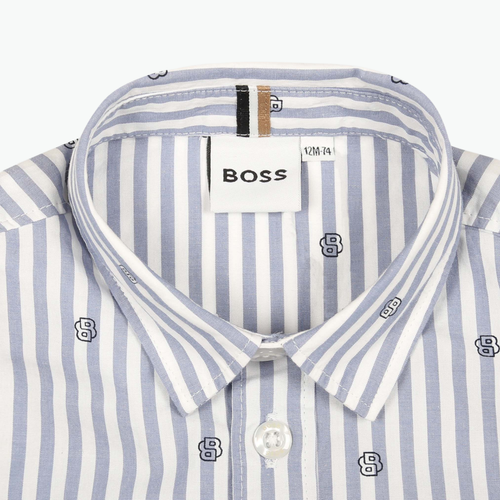 Boss Kids Logo Print Striped Cotton Shirt