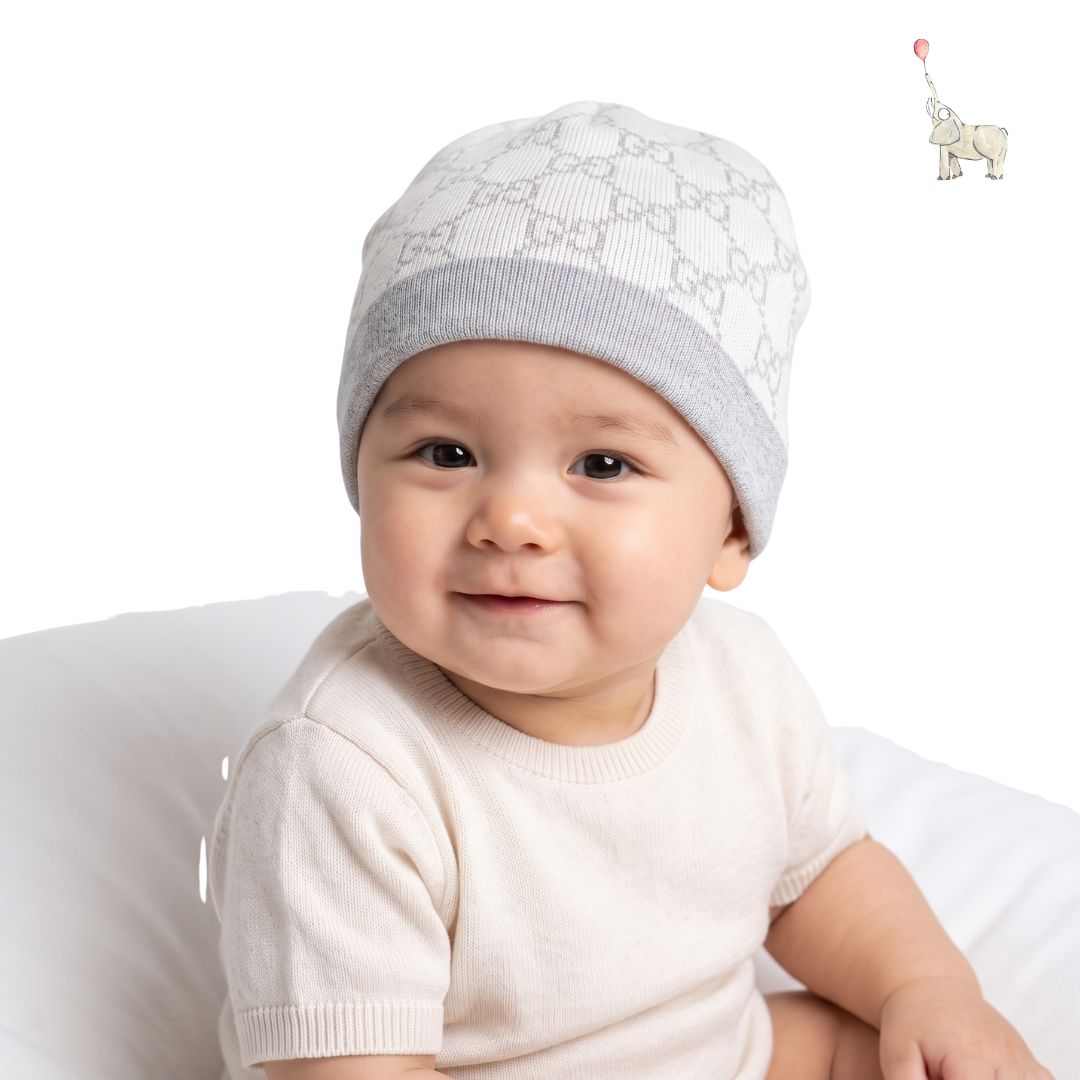 Gucci Intarsia-Knit Wool Beanie GG Logo Grey White Newborn | Babybrandedshop