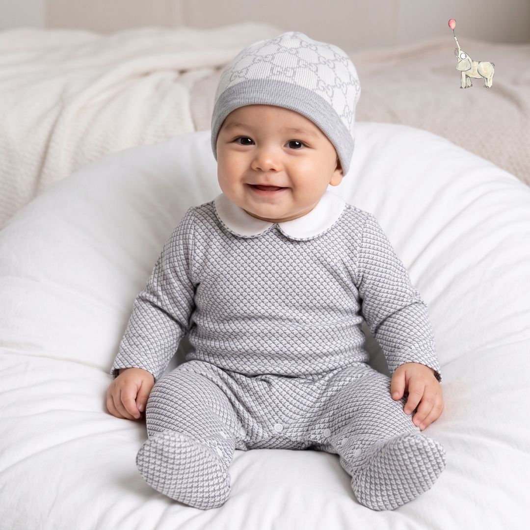 Gucci Intarsia-Knit Wool Beanie GG Logo Grey White Newborn | Babybrandedshop