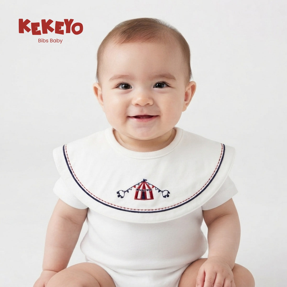 Kekeyo Baby Bibs - White Red-Blue Trim Circus Tent Motif