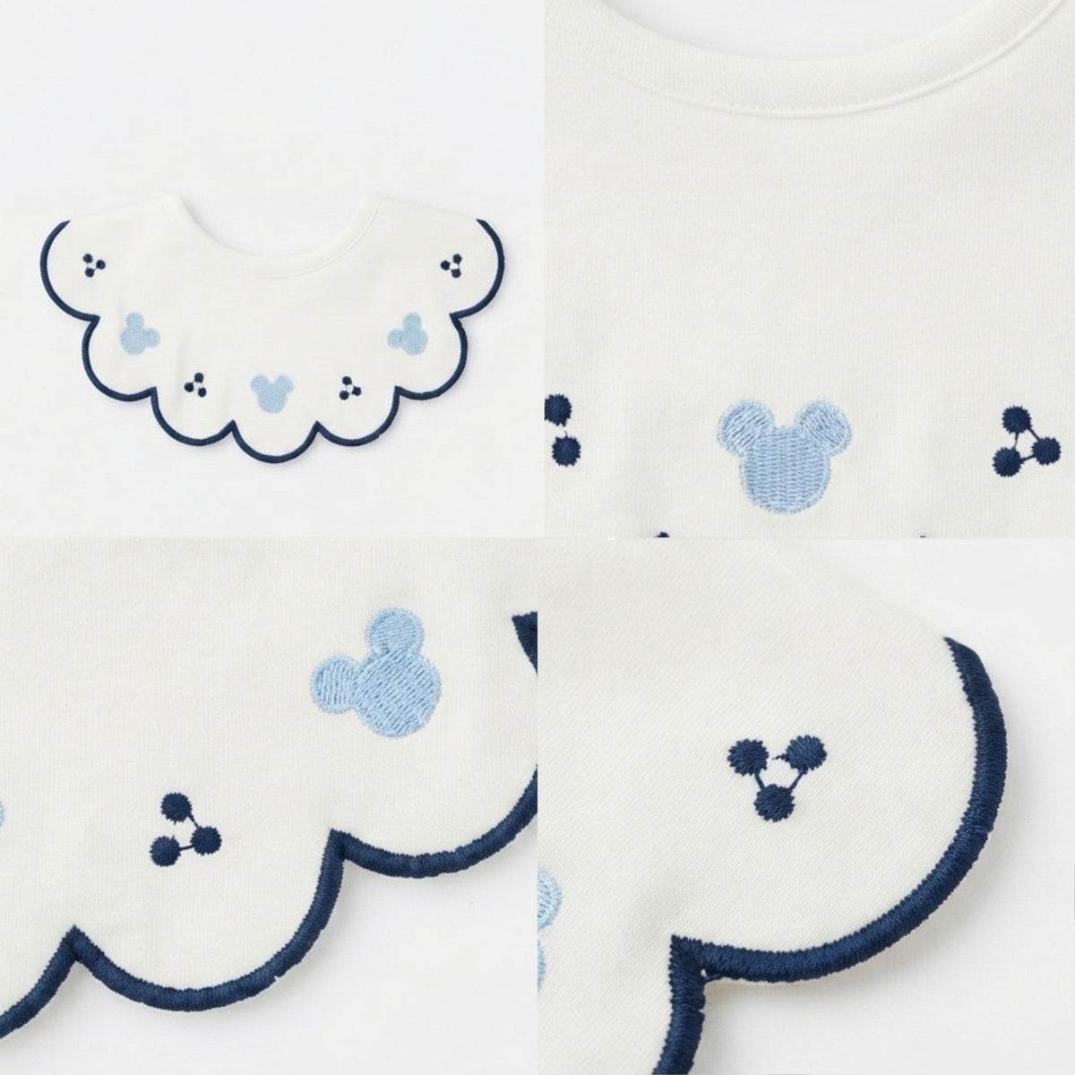 Kekeyo Baby Bibs - Scalloped Navy Trim with Blue Mouse Motif