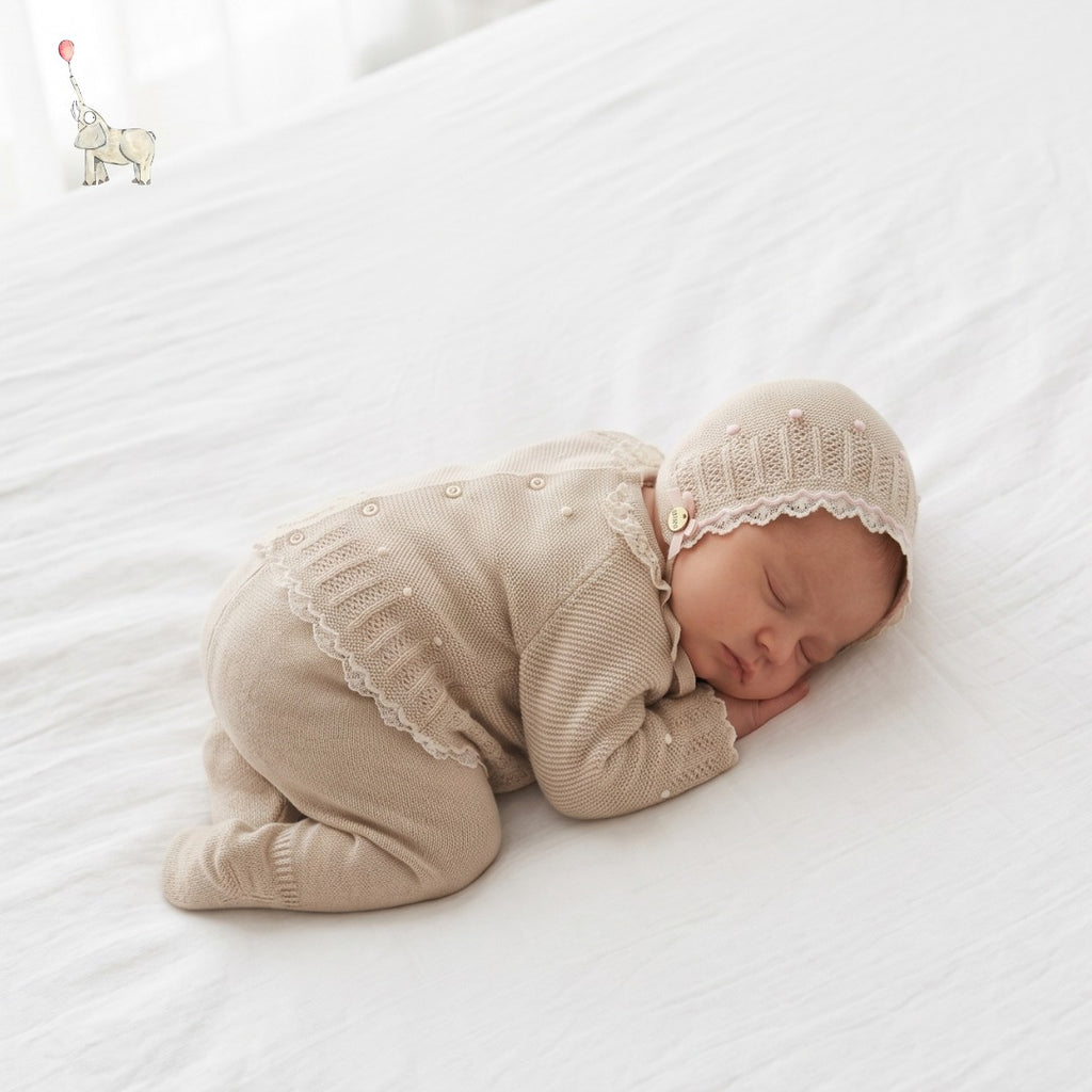 Paz Rodriguez Knitted 2 Piece Babygrow Set with lace trimmed knitted bonnet