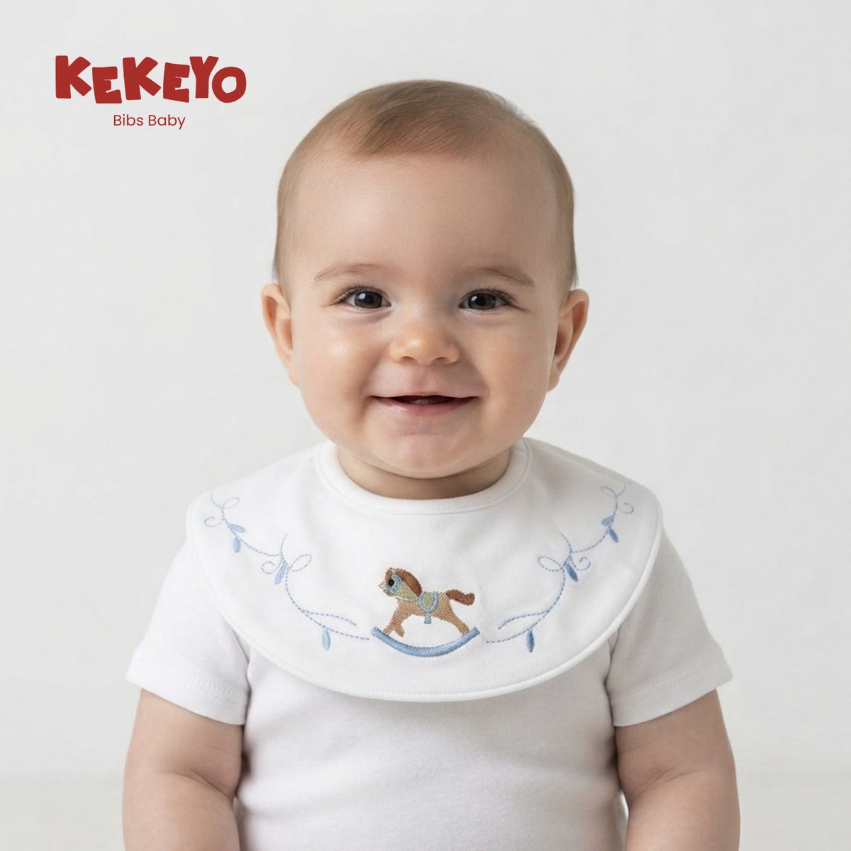 Kekeyo Baby Bibs - White Floral Vine Rocking Horse Motif