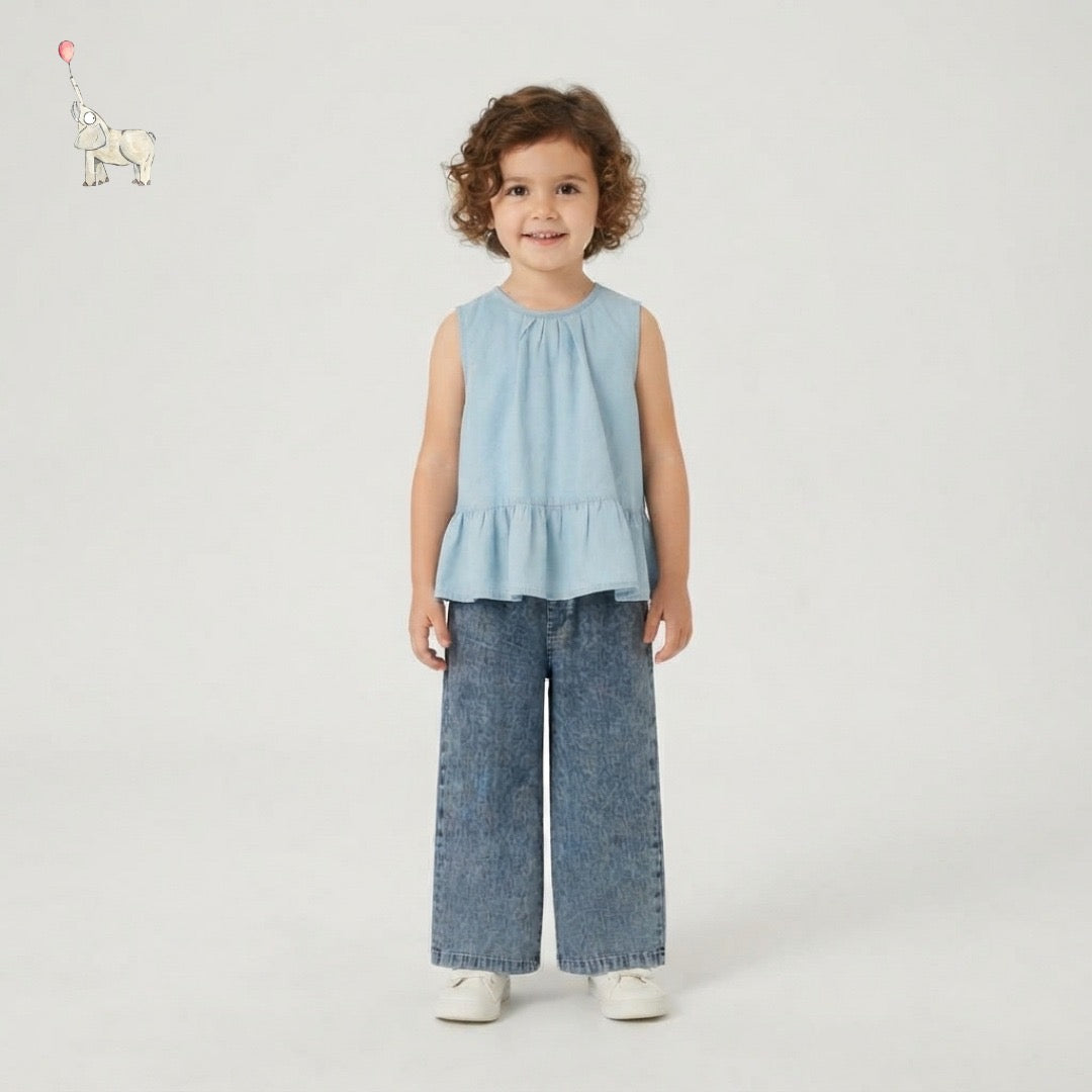 Kekeyo Denim Jiercy Set Top Pants | Ruffle Top & Denim Pants Set | 8Y