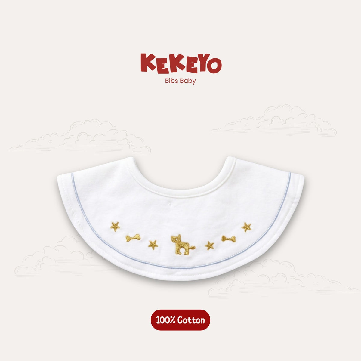 Kekeyo Baby Bibs - White Blue Trim Golden Puppy & Star Motif