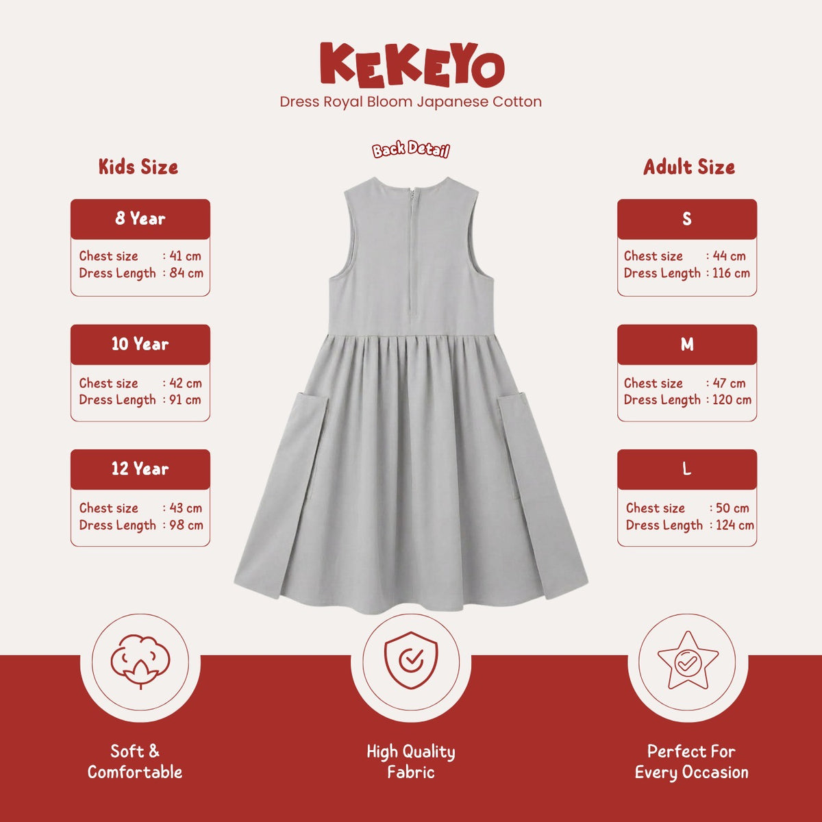 Kekeyo Dress Royal Bloom Japan Cotton Grey | 8Y 10Y 12Y S M L