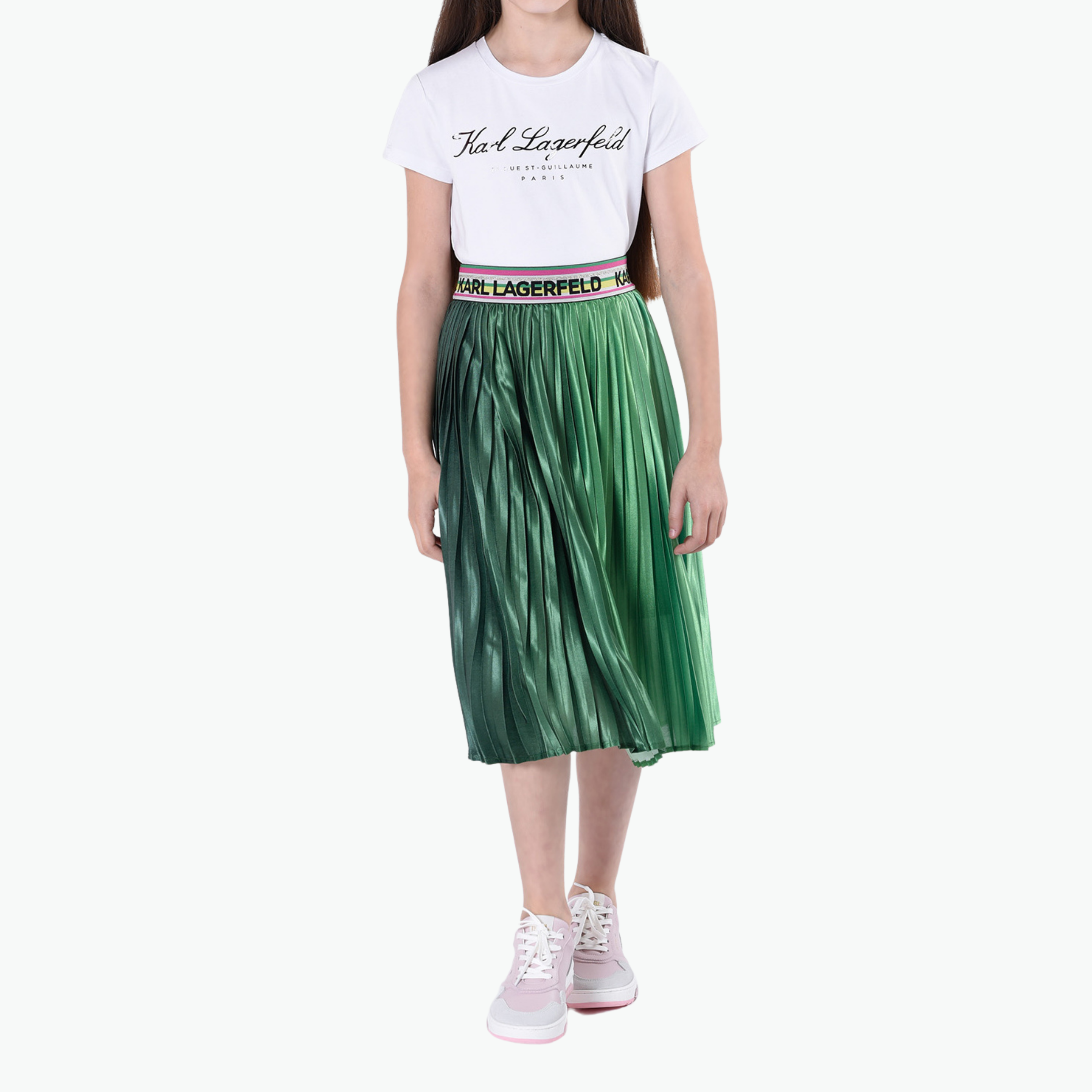 Karl Lagerfeld Kids Green Pleated Midi Satin Skirt