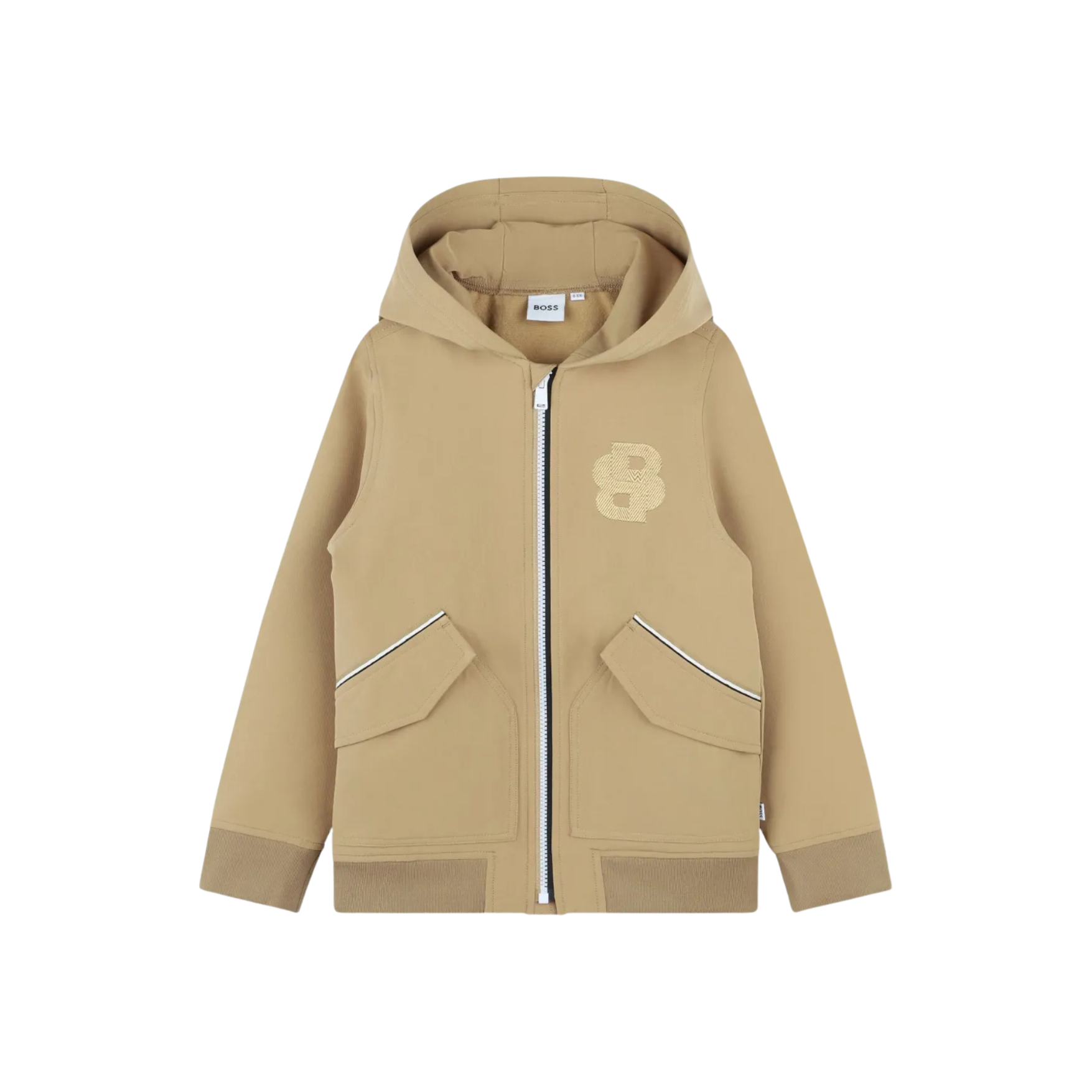 BOSS Kids Logo-Embroidered Zip-Up Hoodie in Camel Beige