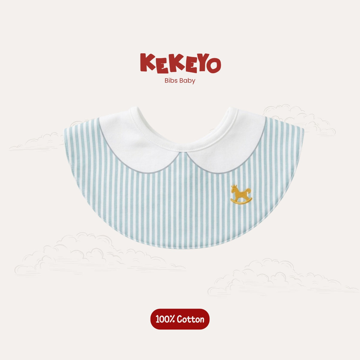 Kekeyo Baby Bibs - Blue Striped Rocking Horse Motif