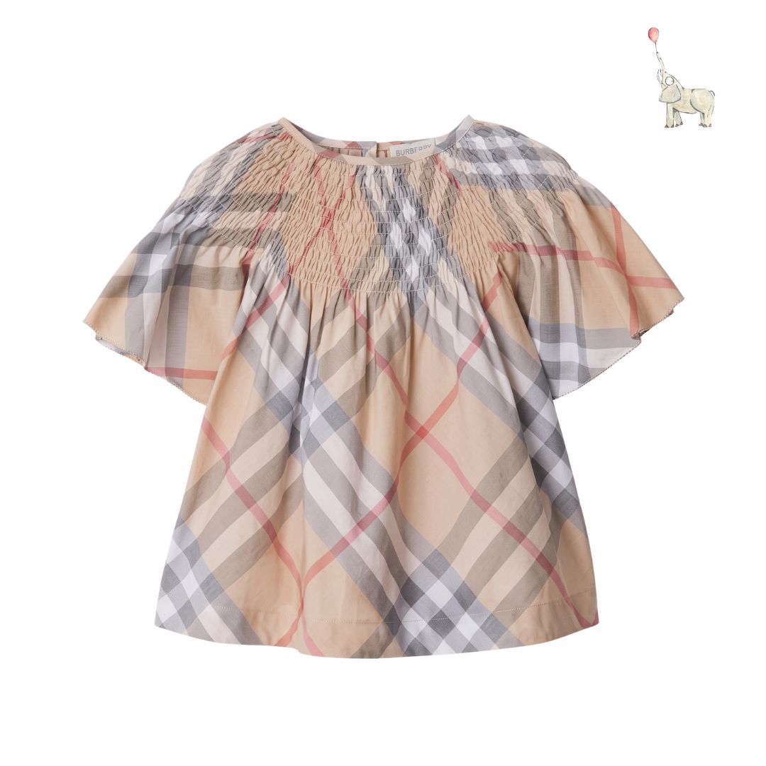 Burberry Kids Check Cotton Top Smocked Blouse Neutrals 12y | Babybrandedshop