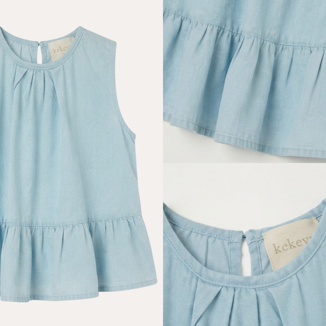 Kekeyo Denim Jiercy Set Top Pants | Ruffle Top & Denim Pants Set | 8Y