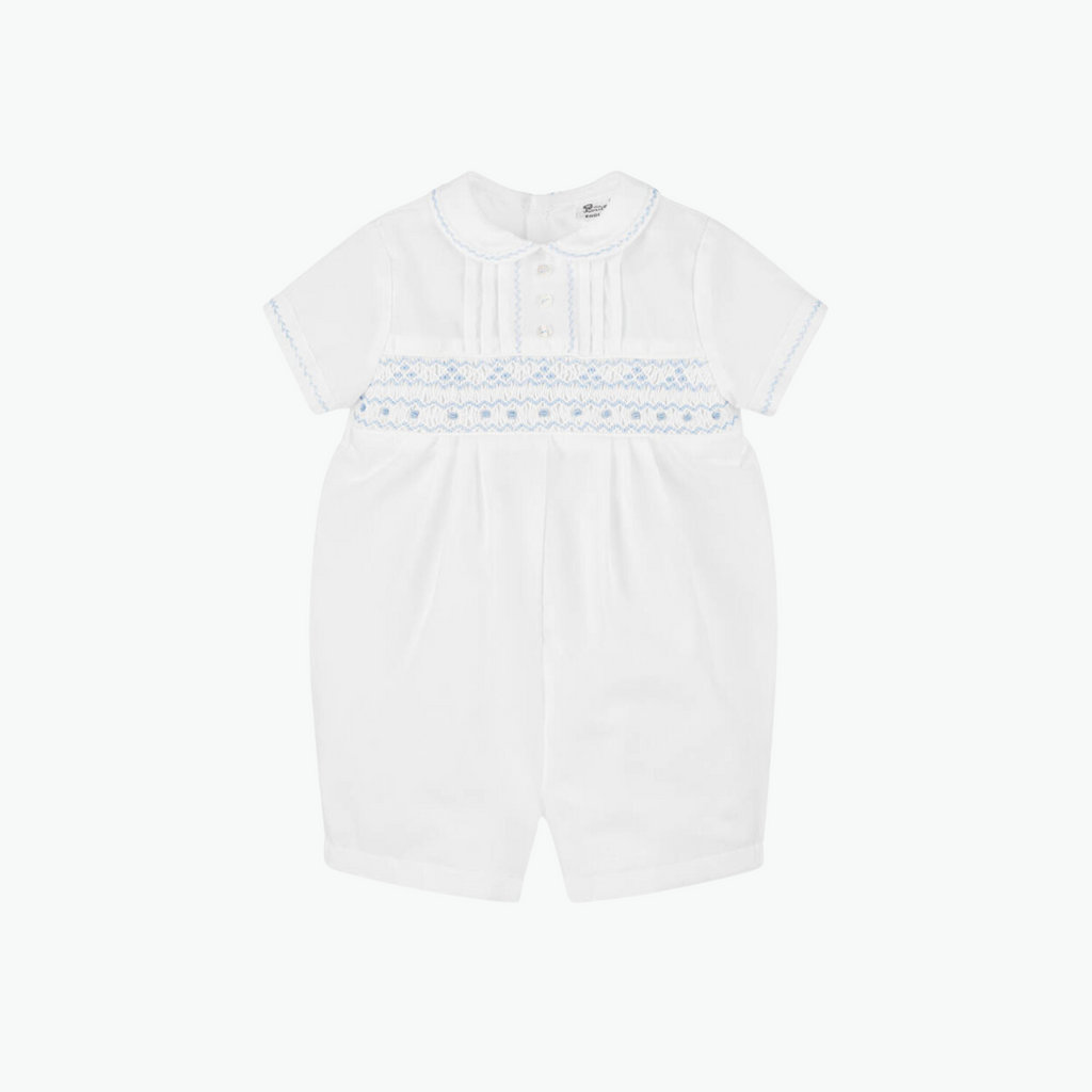 Sarah Louise White Blue Smocked Shortie Romper