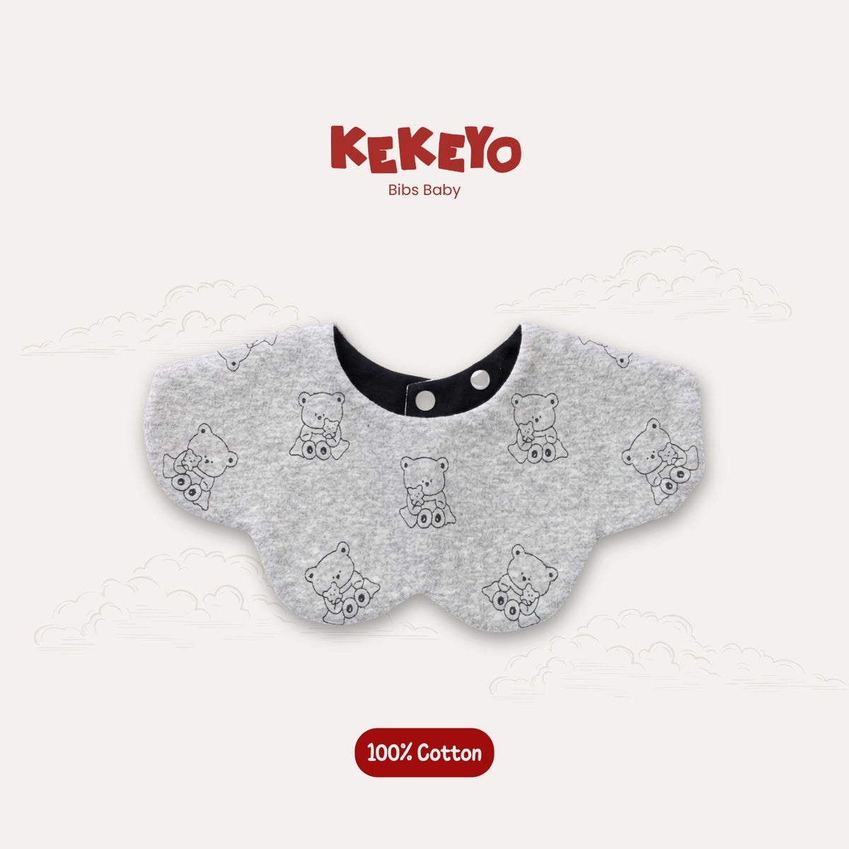 Kekeyo Baby Bibs - Heather Grey Sitting Bear Motif
