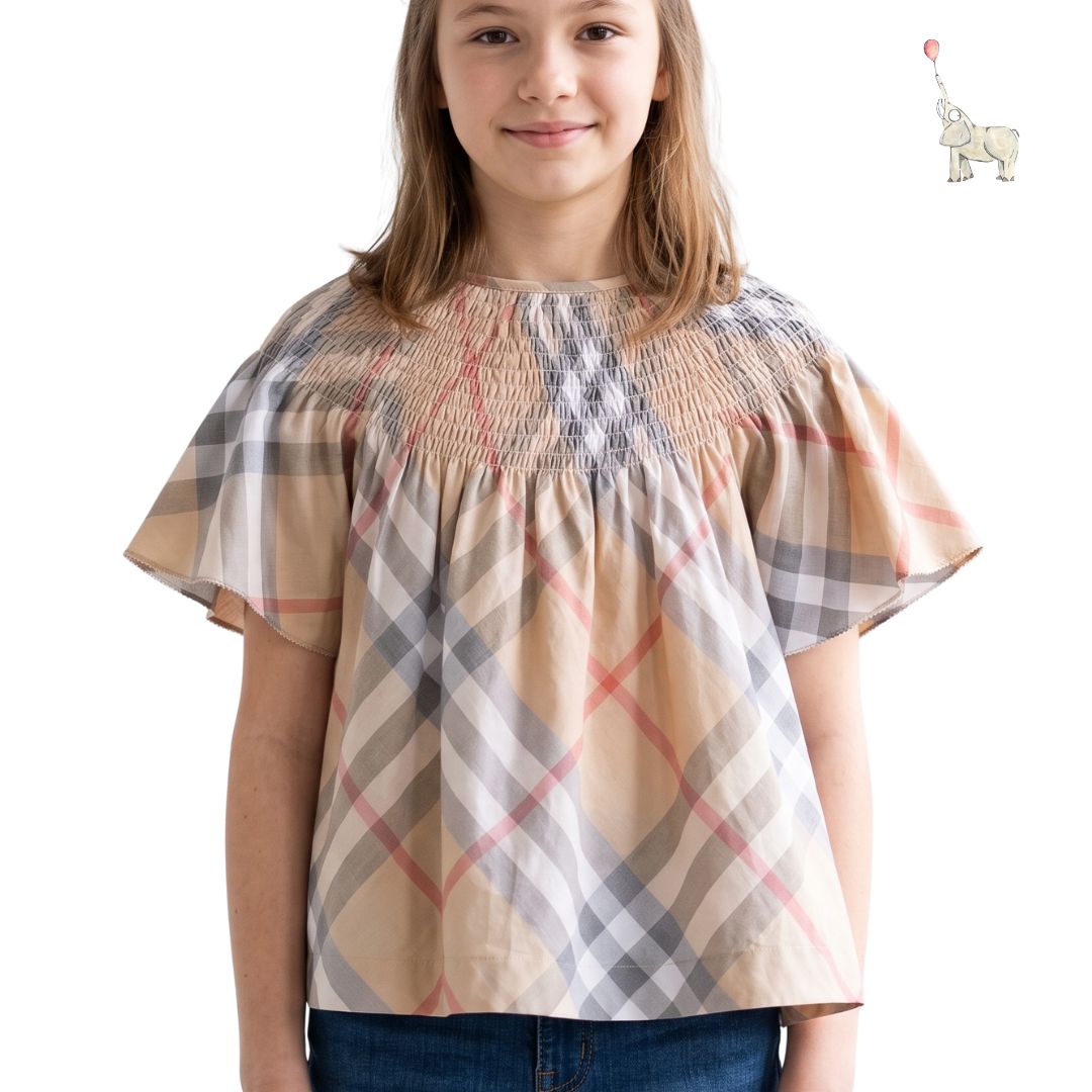Burberry Kids Check Cotton Top Smocked Blouse Neutrals 12y | Babybrandedshop