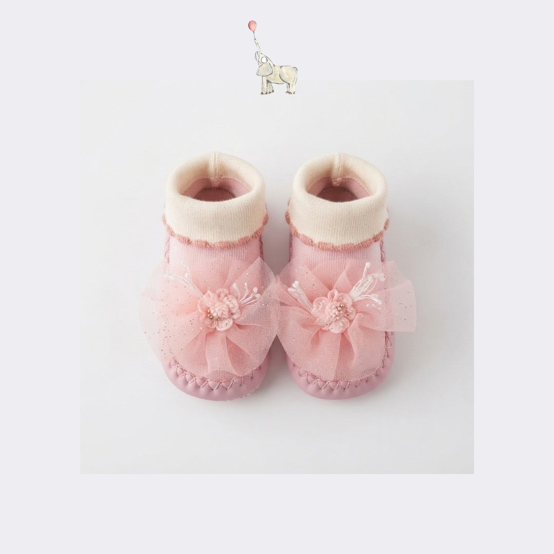 Mammyeve Baby Shoes 7 | Pink Flower Sock Booties | PreWalker | One Size