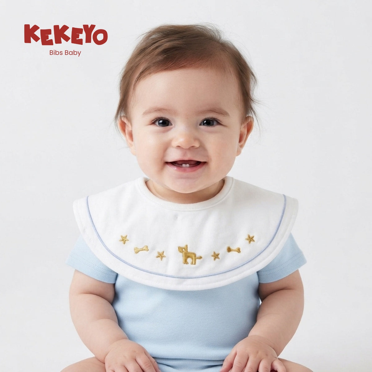 Kekeyo Baby Bibs - White Blue Trim Golden Puppy & Star Motif