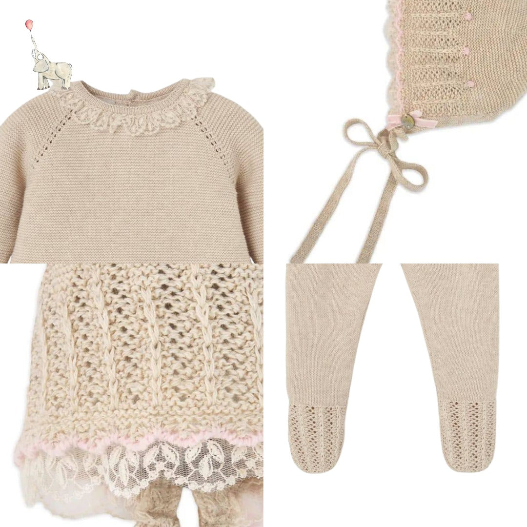 Paz Rodriguez Knitted 2 Piece Babygrow Set with lace trimmed knitted bonnet