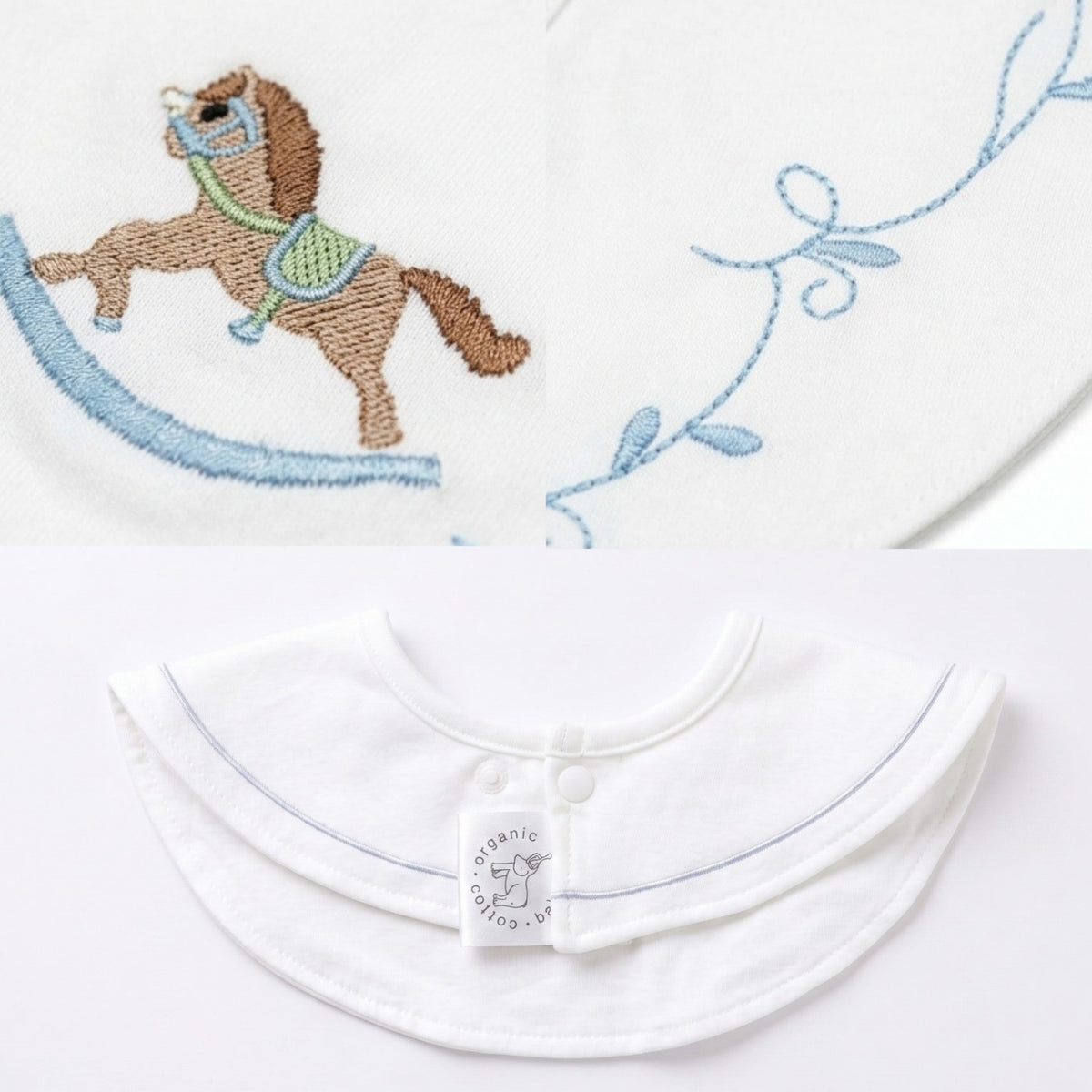 Kekeyo Baby Bibs - White Floral Vine Rocking Horse Motif
