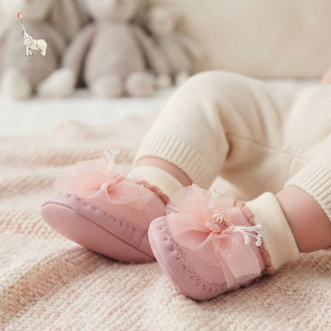Mammyeve Baby Shoes 7 | Pink Flower Sock Booties | PreWalker | One Size