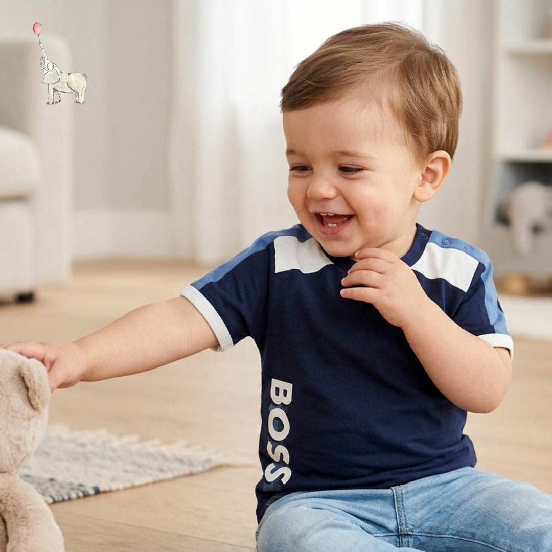Boss Blue Stripe Logo-Print T-Shirt in Cotton Navy | 12M