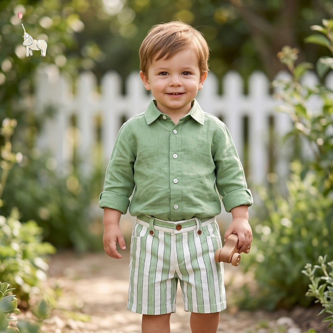 Abel & Lula Green White Strip Linen
