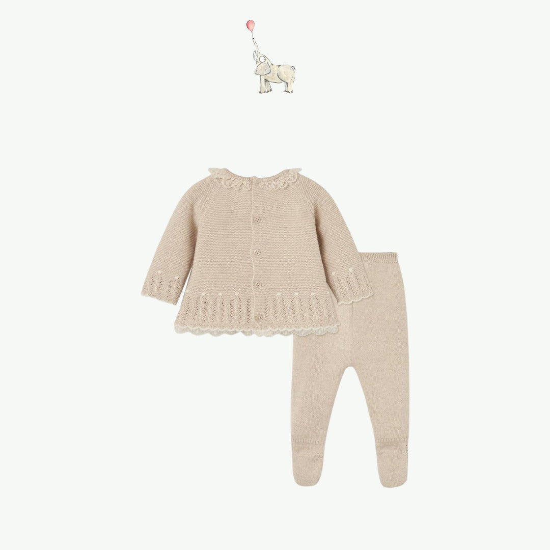 Paz Rodriguez Knitted 2 Piece Babygrow Set with lace trimmed knitted bonnet