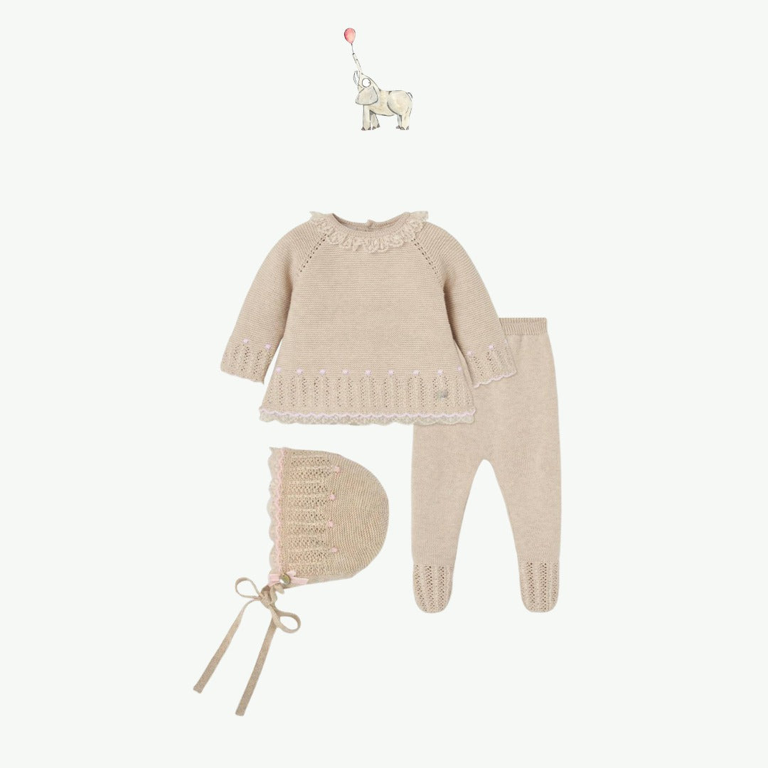 Paz Rodriguez Knitted 2 Piece Babygrow Set with lace trimmed knitted bonnet