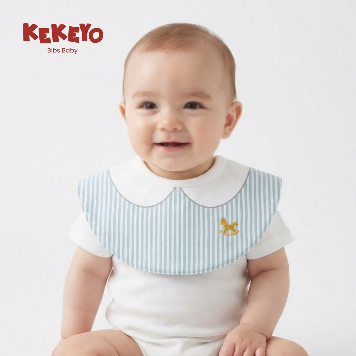 Kekeyo Baby Bibs - Blue Striped Rocking Horse Motif