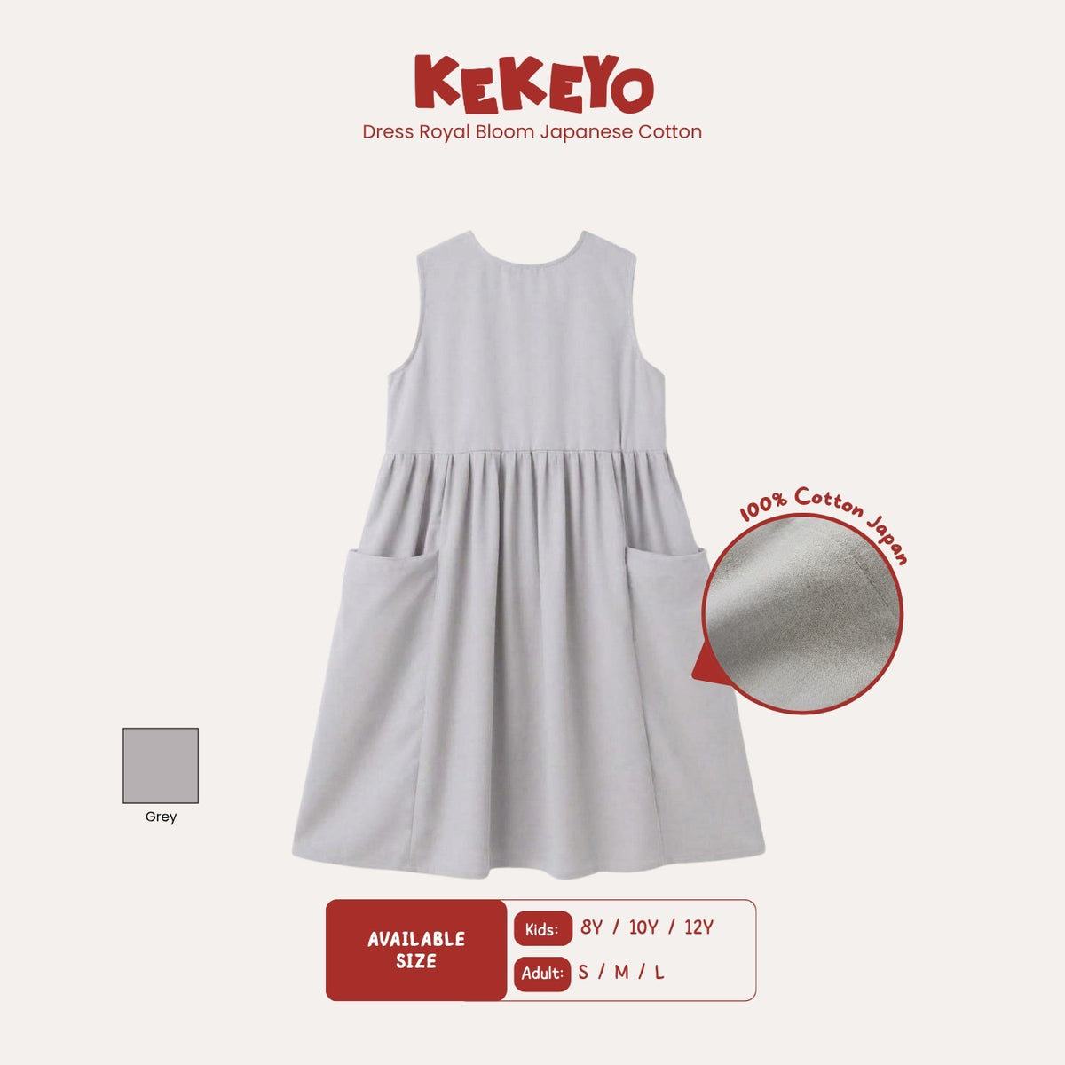 Kekeyo Dress Royal Bloom Japan Cotton Grey | 8Y 10Y 12Y S M L